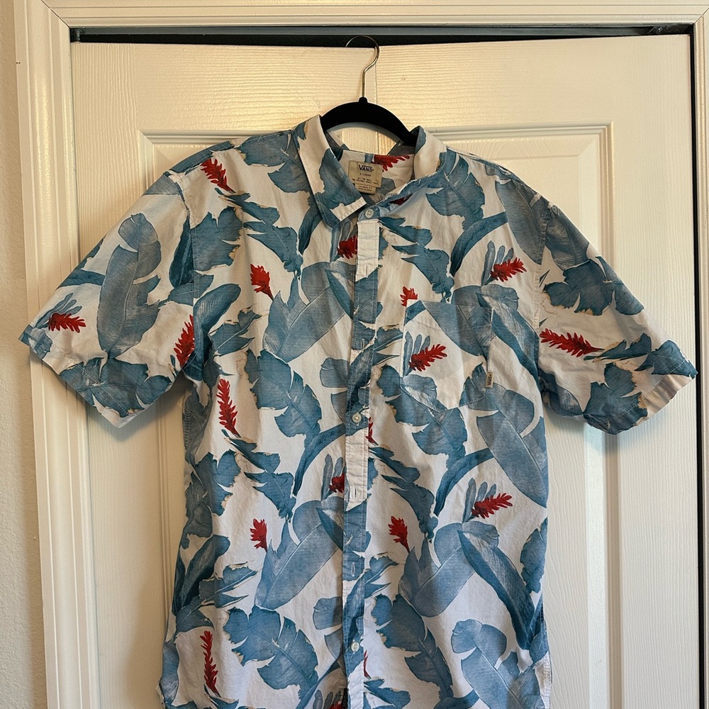 Men's Blue and Red Leaf Print Shirt